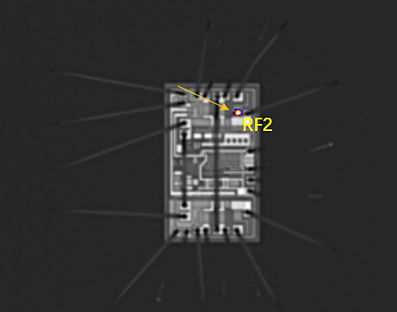 OBIRCH测试，发现异常的RF2脚与GND之间，进行精准扫描，图像上瞬间呈现出一个异常明亮的斑点