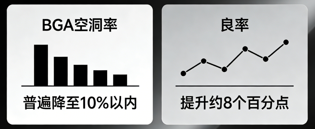 工业CT无损检测BGA空洞率普遍降至10%以内，良率提升了约8个百分点。