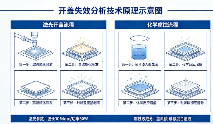 开盖失效分析技术原理示意图，展示激光开盖与化学腐蚀流程